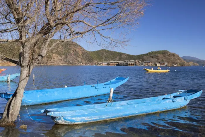 Framed Print : Boats on Lugu Lake, Lige village, Yunnan, China Framed Print : Boats on Lugu Lake, Lige village, Yunnan, China
