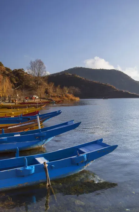 Framed Print : Boats on Lugu Lake, Lige village, Yunnan, China Framed Print : Boats on Lugu Lake, Lige village, Yunnan, China