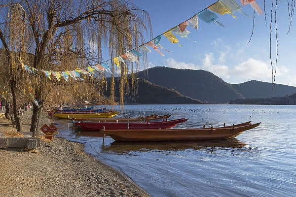 Boats on Lugu Lake, Lige village, Yunnan, China