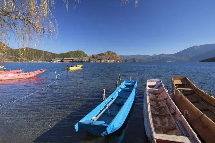 Framed Print : Boats on Lugu Lake, Lige village, Yunnan, China Framed Print : Boats on Lugu Lake, Lige village, Yunnan, China