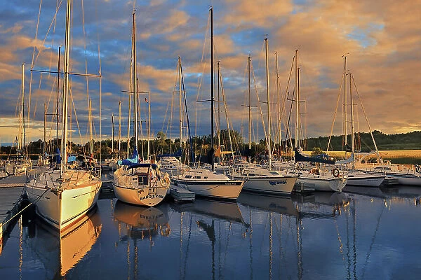 Boats in marina at sunset St. Henri de Taillon Quebec, Canada