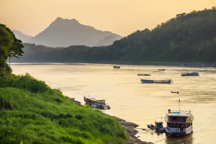 Framed Print : Boats on the Mekong River in late afternoon, Luang Prabang, Louangphabang Province, Laos Framed Print : Boats on the Mekong River in late afternoon, Luang Prabang, Louangphabang Province, Laos