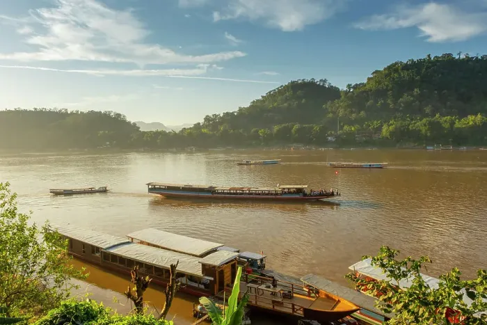 Framed Print : Boats on the Mekong river, Luang Prabang (ancient capital of Laos), Laos Framed Print : Boats on the Mekong river, Luang Prabang (ancient capital of Laos), Laos