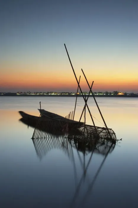 Framed Print : Boats on Mekong River at sunset, Savannakhet, Laos Framed Print : Boats on Mekong River at sunset, Savannakhet, Laos