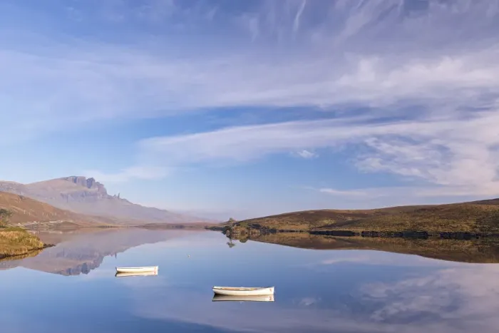 Framed Print : Boats on a mirror still Loch Fada, Isle of Skye, Scotland, UK. Autumn (November) 2015 Framed Print : Boats on a mirror still Loch Fada, Isle of Skye, Scotland, UK. Autumn (November) 2015