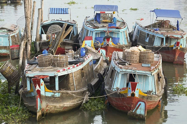 Boats moored on canal, Vinh Long, Mekong Delta, Vietnam