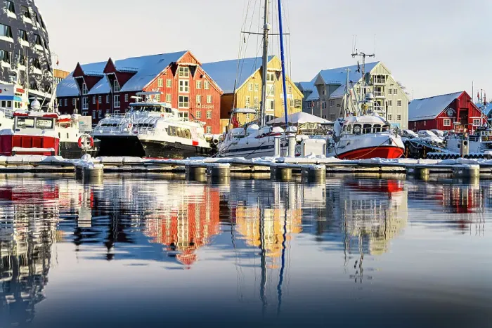 Framed Print : Boats moored in the harbor at dawn, Tromso, Norway Framed Print : Boats moored in the harbor at dawn, Tromso, Norway