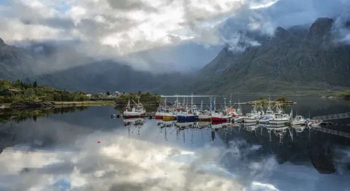 Framed Print : Boats moored near the village of Reine, Lofoten Islands, Norway Framed Print : Boats moored near the village of Reine, Lofoten Islands, Norway