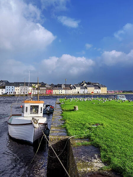 Boats at the Nimmo's Pier and The Long Walk in the background, Claddagh Quay, Galway, County Galway, Ireland