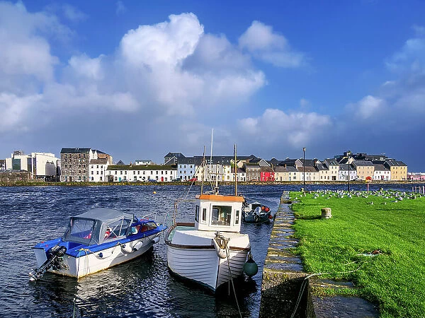 Boats at the Nimmo's Pier and The Long Walk in the background, Claddagh Quay, Galway, County Galway, Ireland