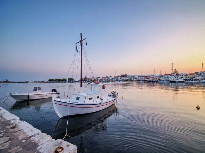 Framed Print : Boats at the Port of Pythagoreio, dusk, Samos Island, North Aegean, Greece