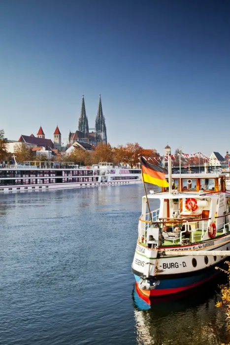 Framed Print : Boats along River Danube, Regensburg, Bavaria, Germany Framed Print : Boats along River Danube, Regensburg, Bavaria, Germany