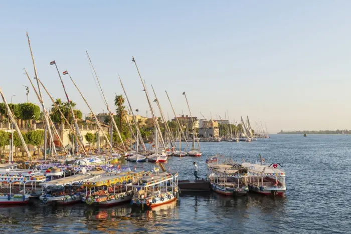 Framed Print : Boats on the river Nile in Luxor, Egypt, Africa Framed Print : Boats on the river Nile in Luxor, Egypt, Africa