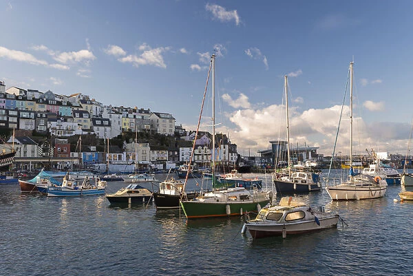 Boats on a sunny afternoon in Brixham harbour, Devon, England. Winter (March) 2016