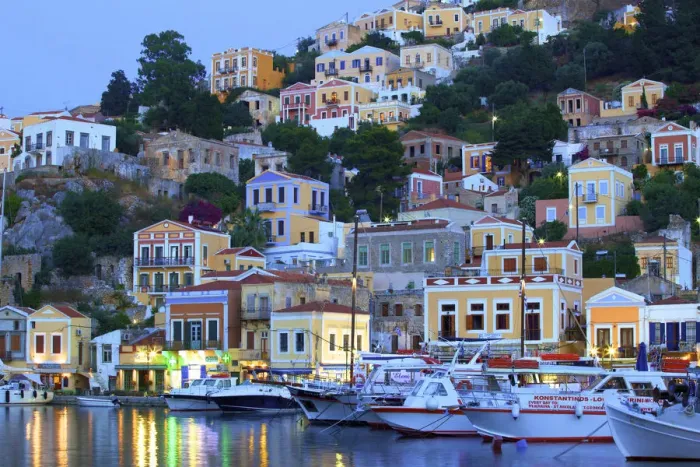 Framed Print : Boats In Symi Harbour At Dusk, Symi, Dodecanese, Greek Islands, Greece, Europe Framed Print : Boats In Symi Harbour At Dusk, Symi, Dodecanese, Greek Islands, Greece, Europe