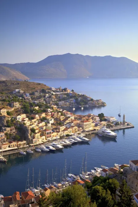 Framed Print : Boats In Symi Harbour From Elevated Angle, Symi, Dodecanese, Greek Islands, Greece Framed Print : Boats In Symi Harbour From Elevated Angle, Symi, Dodecanese, Greek Islands, Greece