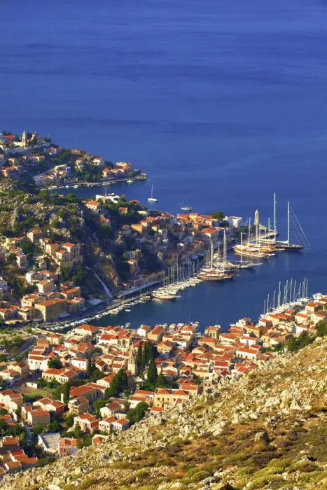 Framed Print : Boats In Symi Harbour From Elevated Angle, Symi, Dodecanese, Greek Islands, Greece Framed Print : Boats In Symi Harbour From Elevated Angle, Symi, Dodecanese, Greek Islands, Greece