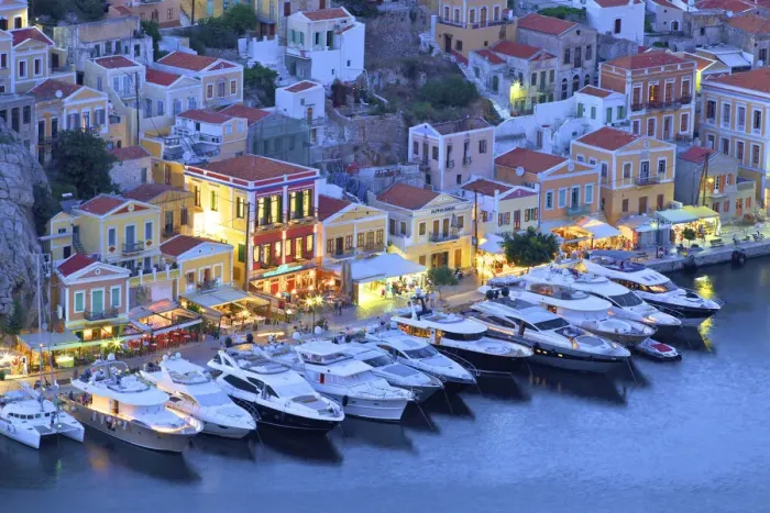 Framed Print : Boats In Symi Harbour From Elevated Angle At Dusk, Symi, Dodecanese, Greek Islands Framed Print : Boats In Symi Harbour From Elevated Angle At Dusk, Symi, Dodecanese, Greek Islands
