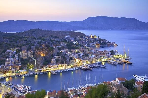 Boats In Symi Harbour From Elevated Angle At Dusk, Symi, Dodecanese, Greek Islands