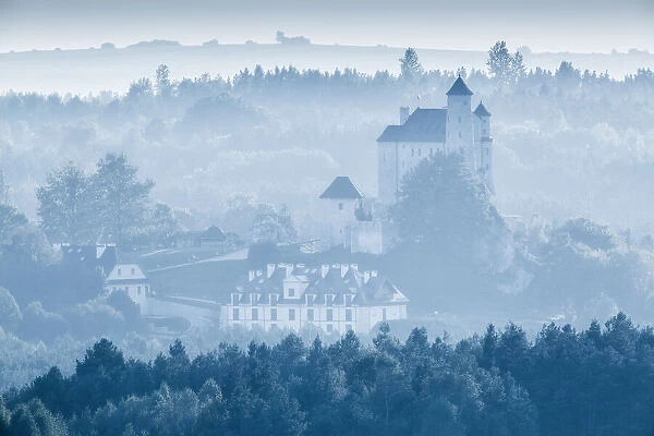 Bobolice Castle in the mist in Poland