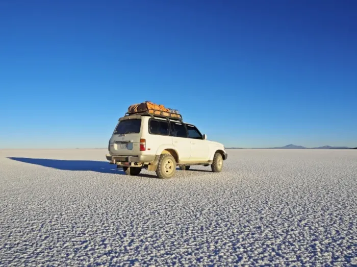 Framed Print : Bolivia, Potosi Department, Daniel Campos Province, White Toyota Landcruiser on the Salar de Uyuni