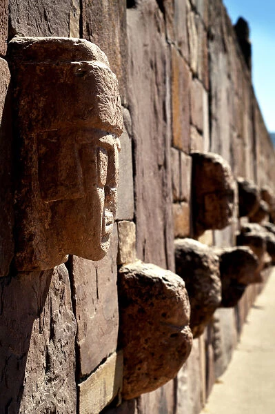 Bolivia, Tiahuanaco Ruins, Semi-Subterranean Temple Wall, Sculptured Stone Tenon-Heads