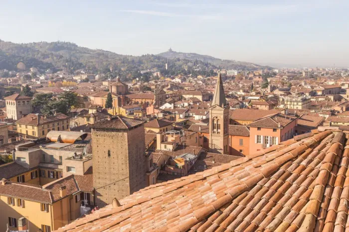 Framed Print : Bologna cityscape from San Petronio with San Luca hills in the background