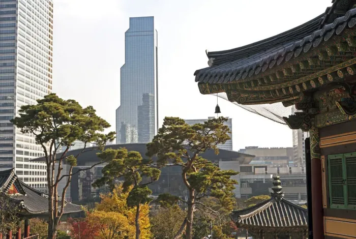 Framed Print : Bongeunsa Temple grounds and modern architecture in the Gangnam District of Seoul Framed Print : Bongeunsa Temple grounds and modern architecture in the Gangnam District of Seoul