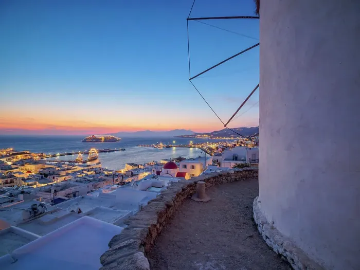 Framed Print : Boni's Windmill and Chora at dusk, Mykonos Town, Mykonos Island, Cyclades, Greece