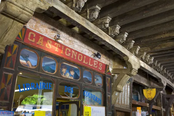 Framed Print : Book Shop & Carved Arcade Rafters, Maison des Consuls, Mirepoix, Ariege, Pyrenees, France Framed Print : Book Shop & Carved Arcade Rafters, Maison des Consuls, Mirepoix, Ariege, Pyrenees, France