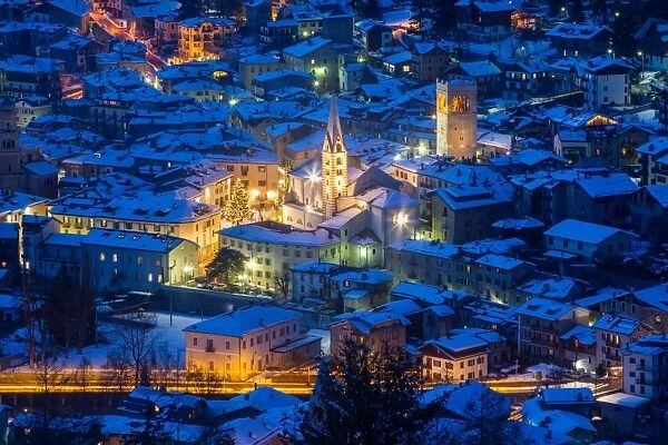 Bormio, Sondrio district, Lombardy, Italy. City lights in winter