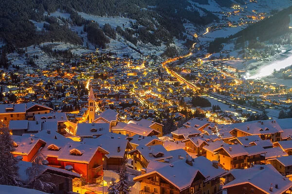 Bormio, Sondrio district, Lombardy, Italy. City lights in winter
