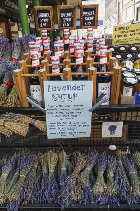 Framed Print : Borough Market, Display of Lavender and Lavender Syrup, Southwark, London, England Framed Print : Borough Market, Display of Lavender and Lavender Syrup, Southwark, London, England