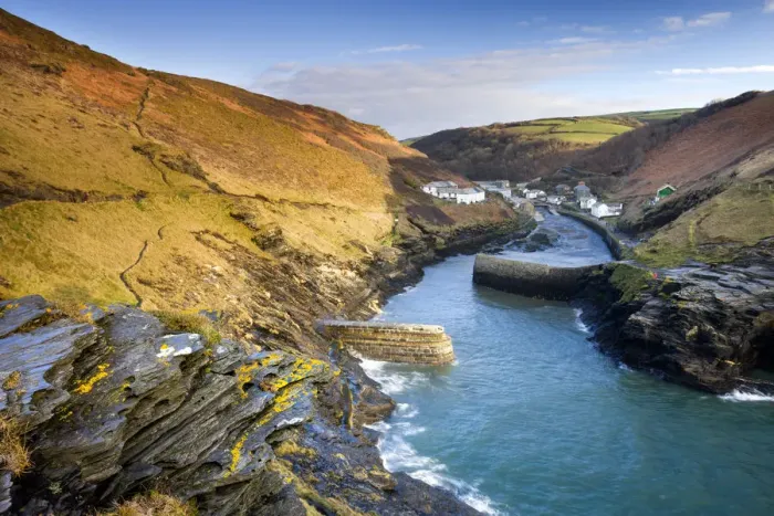 Framed Print : Boscastle harbour and village, viewed from Penally Hill Framed Print : Boscastle harbour and village, viewed from Penally Hill