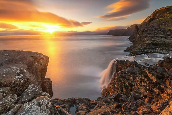 Bosdalafossur waterfall from Sorvagsvatn at sunset, Vagar, Faroe Islands, Denmark
