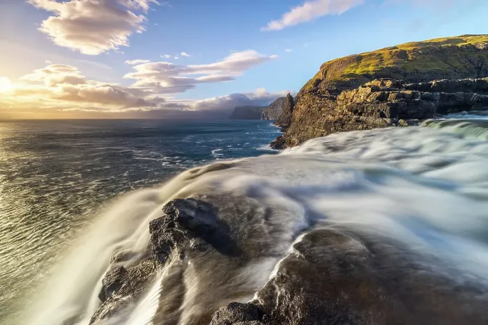 Framed Print : Bosdalafossur waterfall at sunset, Sorvagsvatn, Vagar, Faroe Islands, Denmark Framed Print : Bosdalafossur waterfall at sunset, Sorvagsvatn, Vagar, Faroe Islands, Denmark
