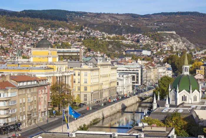 Framed Print : Bosnia and Herzegovina, Sarajevo, City View looking over the Miljacka River to Framed Print : Bosnia and Herzegovina, Sarajevo, City View looking over the Miljacka River to