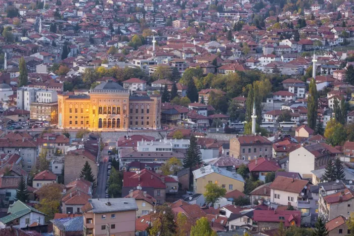 Framed Print : Bosnia and Herzegovina, Sarajevo, View of City looking towards City Hall Framed Print : Bosnia and Herzegovina, Sarajevo, View of City looking towards City Hall