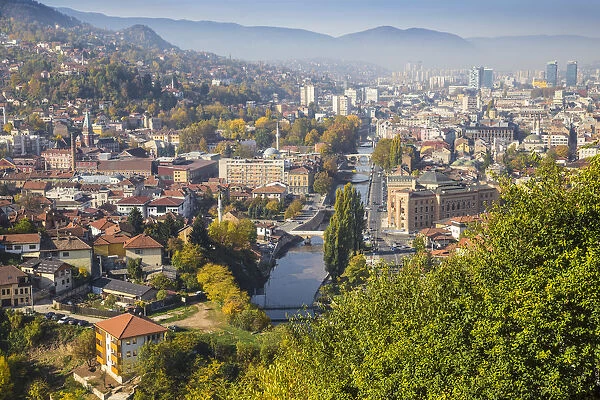 Bosnia and Herzegovina, Sarajevo, View of city and Miljacka River