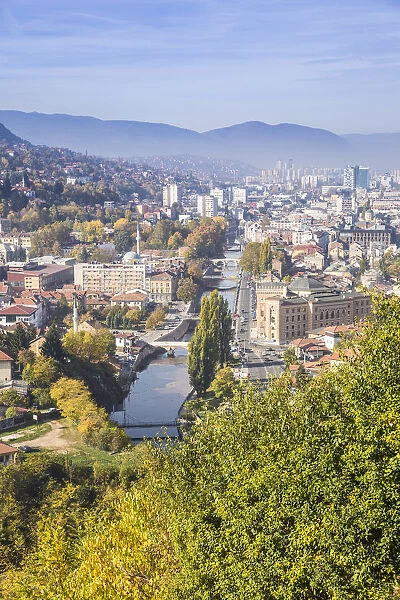 Bosnia and Herzegovina, Sarajevo, View of city and Miljacka River