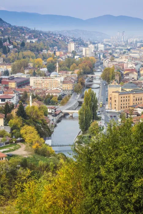 Framed Print : Bosnia and Herzegovina, Sarajevo, View of city and Miljacka River Framed Print : Bosnia and Herzegovina, Sarajevo, View of city and Miljacka River