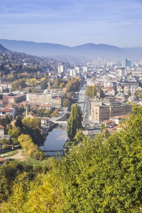 Framed Print : Bosnia and Herzegovina, Sarajevo, View of city and Miljacka River Framed Print : Bosnia and Herzegovina, Sarajevo, View of city and Miljacka River