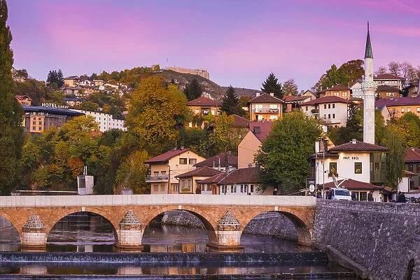 Bosnia and Herzegovina, Sarajevo, View towards Sehercehaja bridge, with Vratnik Citadel