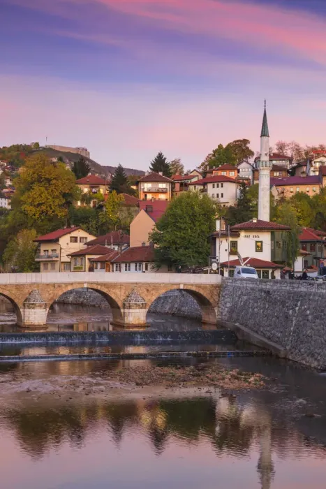 Framed Print : Bosnia and Herzegovina, Sarajevo, View towards Sehercehaja bridge, with Vratnik Citadel Framed Print : Bosnia and Herzegovina, Sarajevo, View towards Sehercehaja bridge, with Vratnik Citadel
