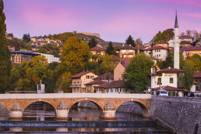 Framed Print : Bosnia and Herzegovina, Sarajevo, View towards Sehercehaja bridge, with Vratnik Citadel
