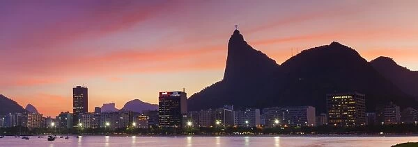 Botafogo Bay and Christ the Redeemer statue at sunset, Rio de Janeiro, Brazil