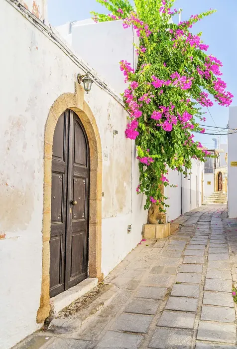 Framed Print : Bougainvillea in an alley in Lindos, Dodecanese Islands, Greece Framed Print : Bougainvillea in an alley in Lindos, Dodecanese Islands, Greece