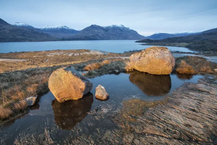 Framed Print : Boulders on the edge of Loch Torridon, Scottish Highlands, Scotland Framed Print : Boulders on the edge of Loch Torridon, Scottish Highlands, Scotland