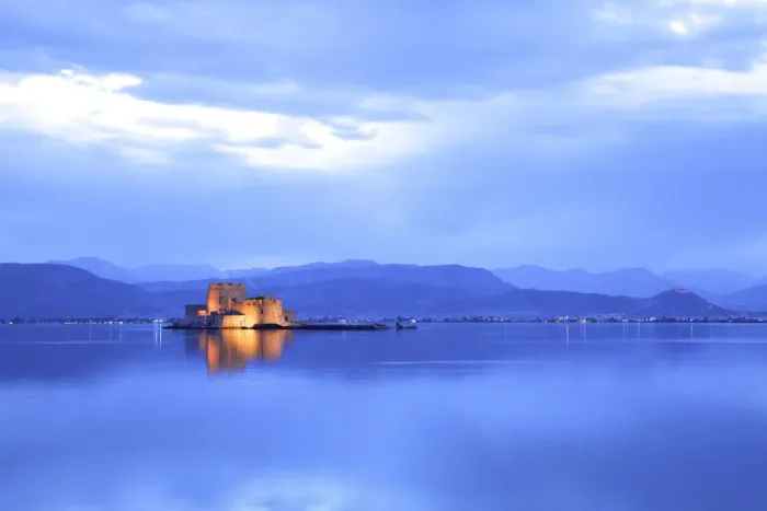 Framed Print : Bourtzi Castle at Dusk, Nafplio, Argolis, The Peloponnese, Greece, Southern Europe Framed Print : Bourtzi Castle at Dusk, Nafplio, Argolis, The Peloponnese, Greece, Southern Europe