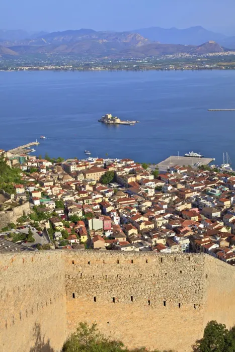 Framed Print : Bourtzi Castle and Nafplio Old Town from Palamidi Castle, Nafplio, Argolis